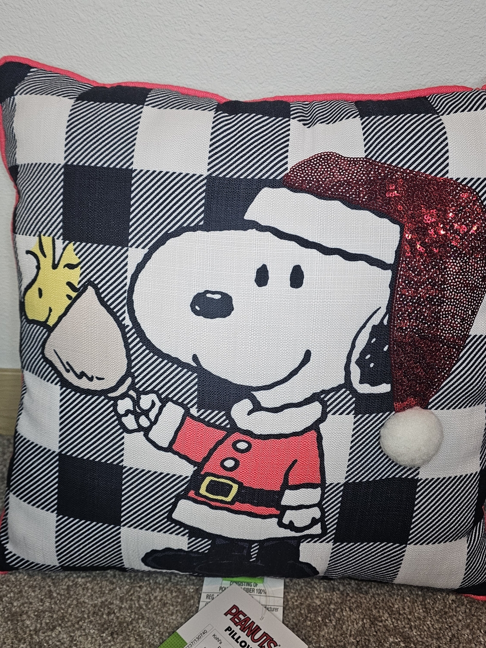 Peanuts Snoopy Holiday Pillow with Glitter Santa Hat - Black, White, Red, Yellow